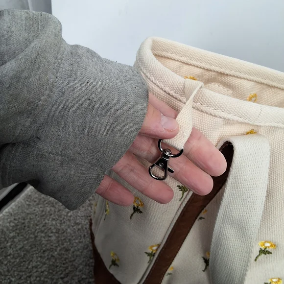 Lands' End Cream Canvas Tote with Yellow Flower Embroidery and Brown Trim - Picture 8 of 8